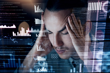 Image showing Headache, night or overlay man programmer with hologram charts, futuristic information or 404 error anxiety. Stress, mental health or sad developer with tech for depression, burnout or work deadline