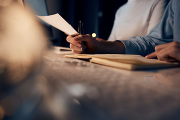 Image showing Hand, writing or financial advisor team at night for finance, investment review or planning global budget. Paper, economy strategy or business man and woman hands for tax, audit or company investment