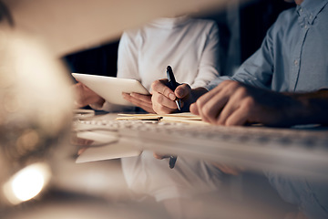 Image showing Tablet, night research or programmer team writing for cybersecurity, app coding or data analysis. Hands, developer or collaboration on tech for software code, programming or startup analytics review