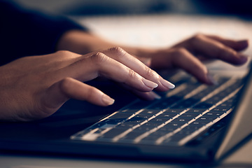 Image showing Laptop, hands and business woman typing in office, working on email or project online. Technology, computer keyboard or female professional writing reports, planning or internet research in workplace