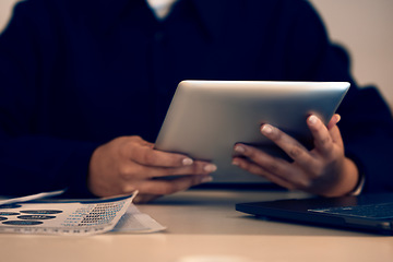 Image showing Hands, business woman and typing on tablet in office, working on email or project online. Technology, social media and female professional writing reports, planning or internet research at night.