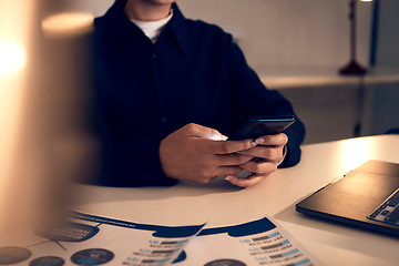 Image showing Hands, business woman and phone in office for texting, web browsing or social media. Technology, cellphone and female employee with mobile smartphone for networking or internet scrolling at night.