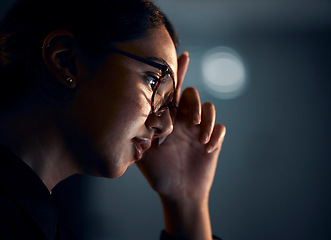 Image showing Stress, night and face of business woman in office working on project, report and strategy deadline. Burnout, mental health and female worker in dark workplace with headache, frustrated and fatigue