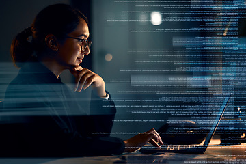 Image showing Programming, coding and thinking with woman at laptop with hologram overlay for software, idea and digital at night. Data analytics, technology and future with employee for media, database and matrix