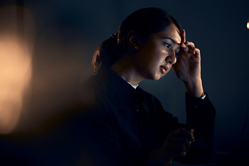 Image showing Burnout, stress and business woman at night working on computer for project, report and strategy deadline. Thinking, mental health and female worker in dark office frustrated, tired and overworked