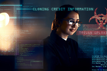 Image showing Cyber security, hacker and night with woman and coding for software, digital transformation and phishing. Cloud computing, matrix and website with programmer for password, technology or data hacking