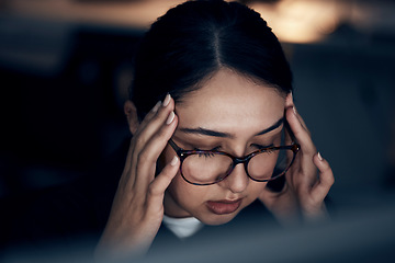 Image showing Headache, stress and business woman at night working on computer for project, report and strategy deadline. Burnout, mental health and female worker in dark office frustrated, tired and overworked