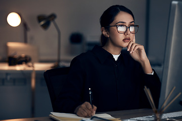 Image showing Woman, night office and writing at computer for seo planning, research or agenda in dark startup. Female working overtime on desktop technology, online notes and network data for internet analytics