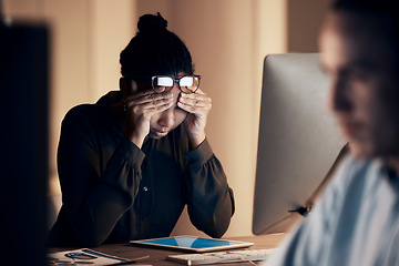 Image showing Stress, headache and business black woman at night working on project, report and strategy deadline. Burnout, fatigue and female worker on computer in dark office frustrated, tired and overworked