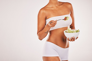 Image showing Salad, beauty and body of woman isolated on a white background diet, lose weight and healthy food promotion. Green vegetables, fitness and model person in underwear for detox results in studio mockup
