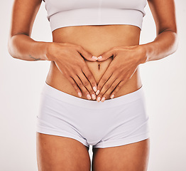 Image showing Gut health, hands in heart and stomach of woman on white background for digestion, diet and weight loss. Fitness, body wellness and abdomen of girl for healthy lifestyle, tummy tuck and liposuction