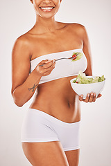 Image showing Salad, happy and body of woman isolated on a white background diet, lose weight and healthy food promotion. Green vegetables, fitness and model person in underwear for detox beauty in studio mockup