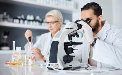 Image showing Science, collaboration and innovation with a medicine team working in a laboratory for research or development. Doctor, teamwork or medical with a man and woman scientist at work in a pathology lab