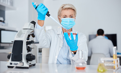 Image showing Woman, doctor and micro pipette for vaccine experiment, sample or tube testing in scientific research or exam in lab. Female scientist or medical expert working with chemicals in science laboratory