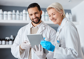 Image showing Science, research and team in laboratory on tablet for test results, medical report and analytics. Pharmaceutical, biotechnology and scientists with digital tech for study, data analysis and health