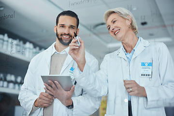 Image showing Science, coaching and woman with man brainstorming, writing on glass in lab with innovation and analytics. Happy scientist in laboratory, research idea and strategy with vision in future vaccine data