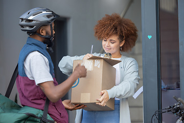 Image showing Black man, box and customer signing in ecommerce for delivery service, package or order at door. Happy African American female with courier guy with signature on clipboard for quality or feedback