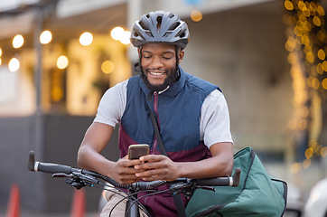 Image showing Bicycle, delivery and black man phone for courier services, fintech and ecommerce location, chat app and city transport. Smartphone, 5g technology and logistics driver with bag for fast online order