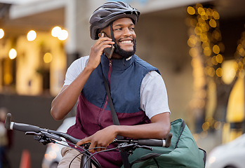 Image showing Bicycle, food delivery man and phone call in courier services, ecommerce communication and city transport. Urban, logistics and black person talking on smartphone, business networking and bike travel