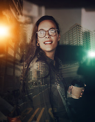 Image showing Overlay, businesswoman and holding coffee smile, happy and excited by startup company in a city. Young, professional and futuristic female with a positive mindset in the night, late and evening