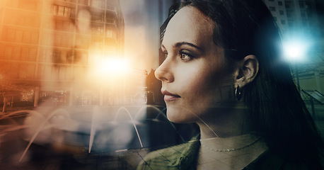 Image showing Business woman is thinking, face with vision and urban double exposure, professional mindset and idea. Thoughtful, mindfulness and corporate female, career in city with overlay and motivation