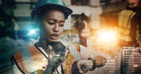 Image showing Engineering, black woman and phone with city overlay for time management communication and development. Civil engineer, technician or construction leader with safety helmet for future architecture