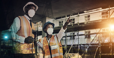 Image showing Engineering team, futuristic and people inspection, planning and building development in city overlay. Night architect, construction worker or black woman manager, industrial strategy and safety mask