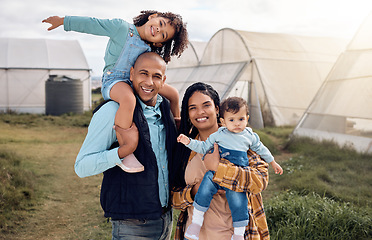 Image showing Farmer family in portrait in countryside, happy people with agriculture and farm, mom and dad with children outdoor. Happiness, peace and sustainability, parents and kids farming together with agro