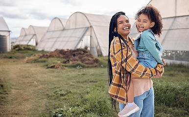 Image showing Farming, mother and kids laughing on field for sustainability, growth and eco environment, Agriculture of happy black family, mom and children in garden, sustainable countryside and smile in nature