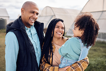 Image showing Black family, farm or fun with a daughter, mother and father playing outdoor on a field for agriculture. Kids, happy or bonding with parents and their girl together for sustainability farming