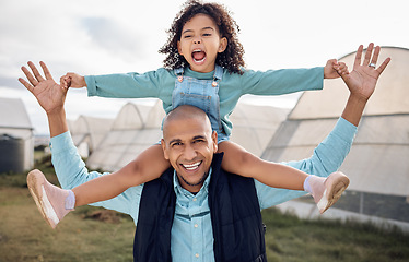 Image showing Farm, agriculture and father with girl with comic, crazy and funny face for bond, farming and relax in countryside. Family, sustainability and dad with daughter smile for adventure, freedom and happy