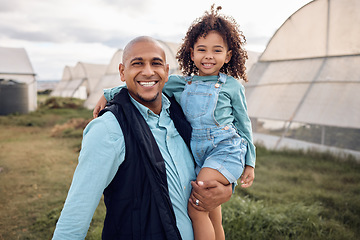 Image showing Agriculture, farm and portrait of father with girl enjoy quality time, bond and adventure in countryside field. Family, sustainable farming and farmer dad and child smile, happy and relax in nature