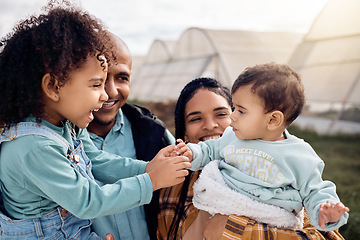 Image showing Farmer family in countryside, happy people on farm with agriculture, mother and father with children outdoor. Happiness, peace and sustainability, parents and kids farming together with agro