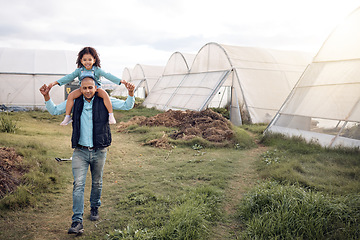 Image showing Farm, happy family and father walking with girl for quality time, bonding and relax in countryside field. Agriculture, sustainability and farmer dad with child smile for farming, nature and outdoors