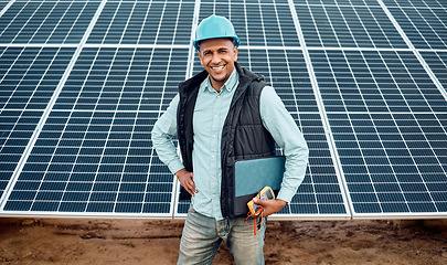 Image showing Solar panels, man and portrait of engineering for industry, sustainability and electricity grid. Happy technician, manager and renewable energy of construction, future architecture and sun innovation