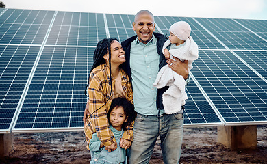 Image showing Black family, kids or solar energy with parents and daughter siblings on a farm together for sustainability. Children, love or electricity with man and woman girls bonding outdoor for agriculture