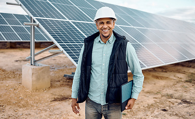 Image showing Portrait, engineer and man outdoor, solar panels and hard hat for safety, happiness and plan for growth. Face, male employee or inspector with sustainability, outside or manager with renewable energy