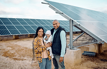 Image showing Black family, children or solar energy with a baby, mother and father on a farm together for sustainability. Kids, love or electricity with man, woman and girl infant bonding outdoor for agriculture