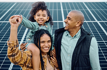 Image showing Black family, children or solar energy with a mother, father and daughter on a farm together for sustainability. Kids, love or electricity with a man, woman and girl bonding outdoor for agriculture