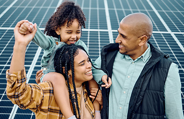 Image showing Black family, children or solar panel with a mother, father and daughter on a farm together for sustainability. Kids, love or electricity with man, woman and girl bonding outdoor for agriculture