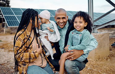 Image showing Black family, kids or renewable energy with parents and daughter siblings on a farm together for sustainability. Children, love or solar with man and woman girls bonding outdoor for agriculture