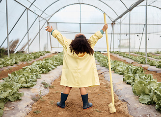 Image showing Child, girl or arms up in farming success, greenhouse harvest or agriculture land growth in sustainability field. Hands raised, winner or celebration for farmer kid, gardening tools or lettuce soil