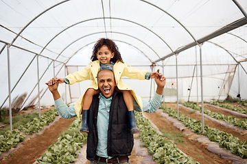 Image showing Agriculture, greenhouse and portrait of father with girl for harvesting vegetables, plant growth and gardening. Sustainability farming, happy family and dad and child for quality time, smile and love