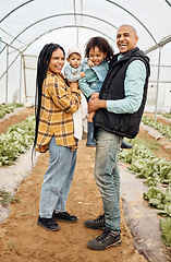 Image showing Family, agriculture and parents with children in greenhouse for gardening, farming and harvest on farm. Sustainability, agro business and mom, dad and kids growing plants, vegetables and natural food