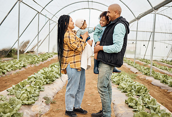 Image showing Farmer family in greenhouse, black people with agriculture and lettuce farming, mother and father with children outdoor. Happiness, peace and sustainability, parents and kids farm together with agro