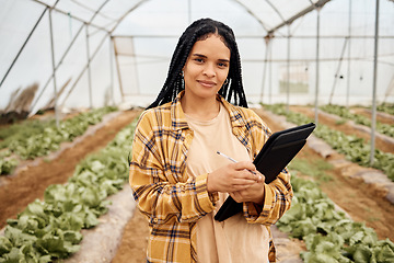 Image showing Greenhouse, agriculture portrait and black woman with vegetables inspection, agro business and food supply chain. Farming, gardening and farmer person with portfolio, checklist and growth management