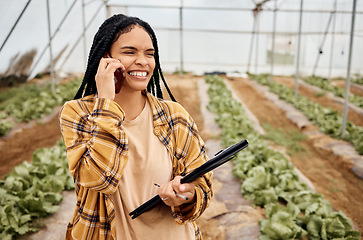 Image showing Greenhouse, phone call and black woman in agriculture food, agro vegetables business and farming networking. Eco friendly, gardening and sustainability person or farmer in supply chain communication