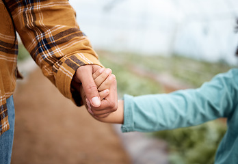 Image showing Holding hands, family and children on a farm for agriculture or sustainability in a greenhouse for crop growth. Hand, love or kids with a mother and daughter walking together in the countryside