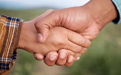 Image showing Handshake, deal and agriculture partnership at farm for sustainability contract, agreement or collaboration. Welcome, thank you and people, man and woman shaking hands for b2b, trust and support.