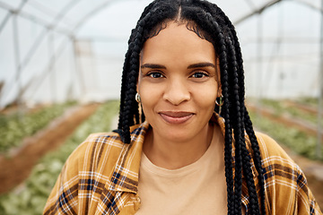 Image showing Portrait, black woman and farmer face in greenhouse with agriculture, farming and sustainability with crop harvest. Environment, farm fresh vegetable produce with green and eco friendly production